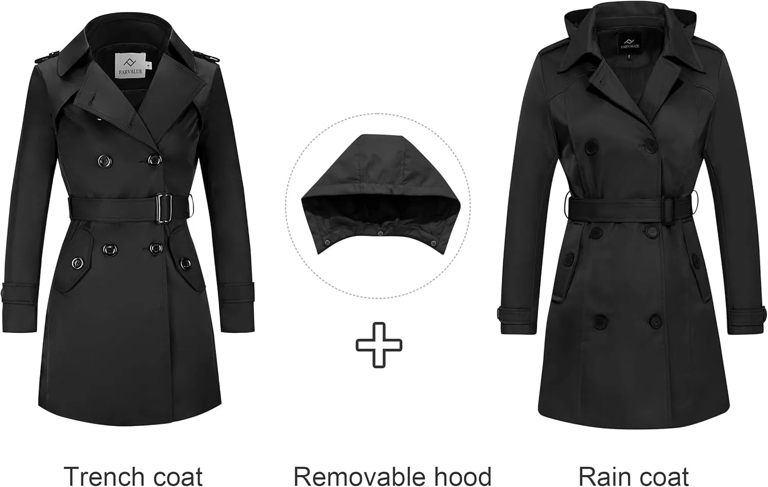 FARVALUE Women's Waterproof Trench Coat Double Breasted Windbreaker Classic Belted Lapel Overcoat with Removable Hood