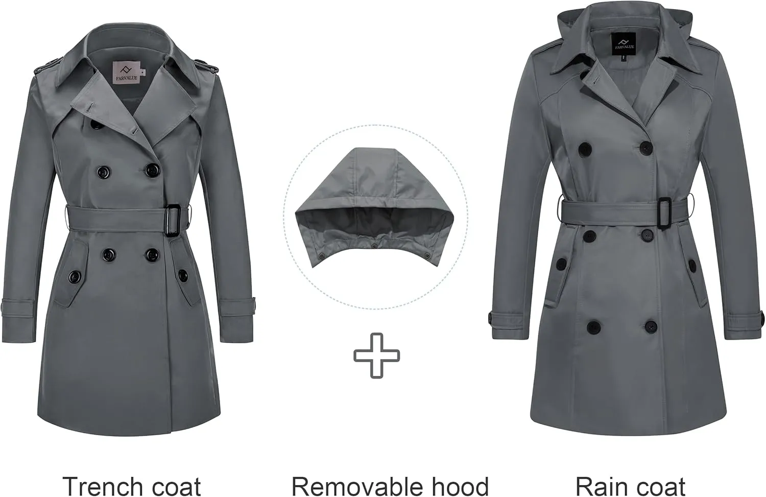 FARVALUE Women's Waterproof Trench Coat Double Breasted Windbreaker Classic Belted Lapel Overcoat with Removable Hood