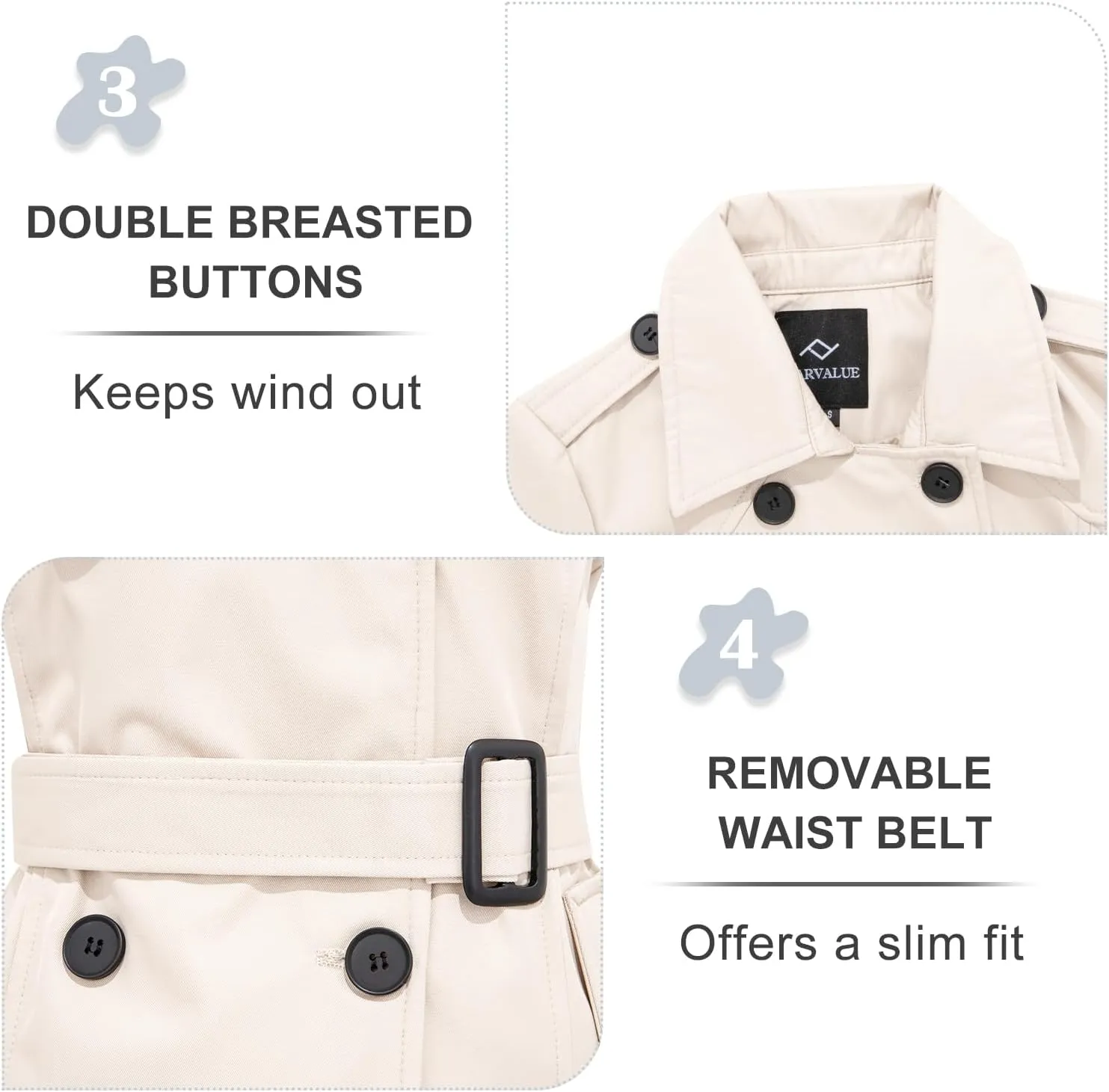 FARVALUE Women's Waterproof Trench Coat Double Breasted Windbreaker Classic Belted Lapel Overcoat with Removable Hood