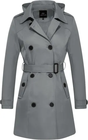 FARVALUE Women's Waterproof Trench Coat Double Breasted Windbreaker Classic Belted Lapel Overcoat with Removable Hood