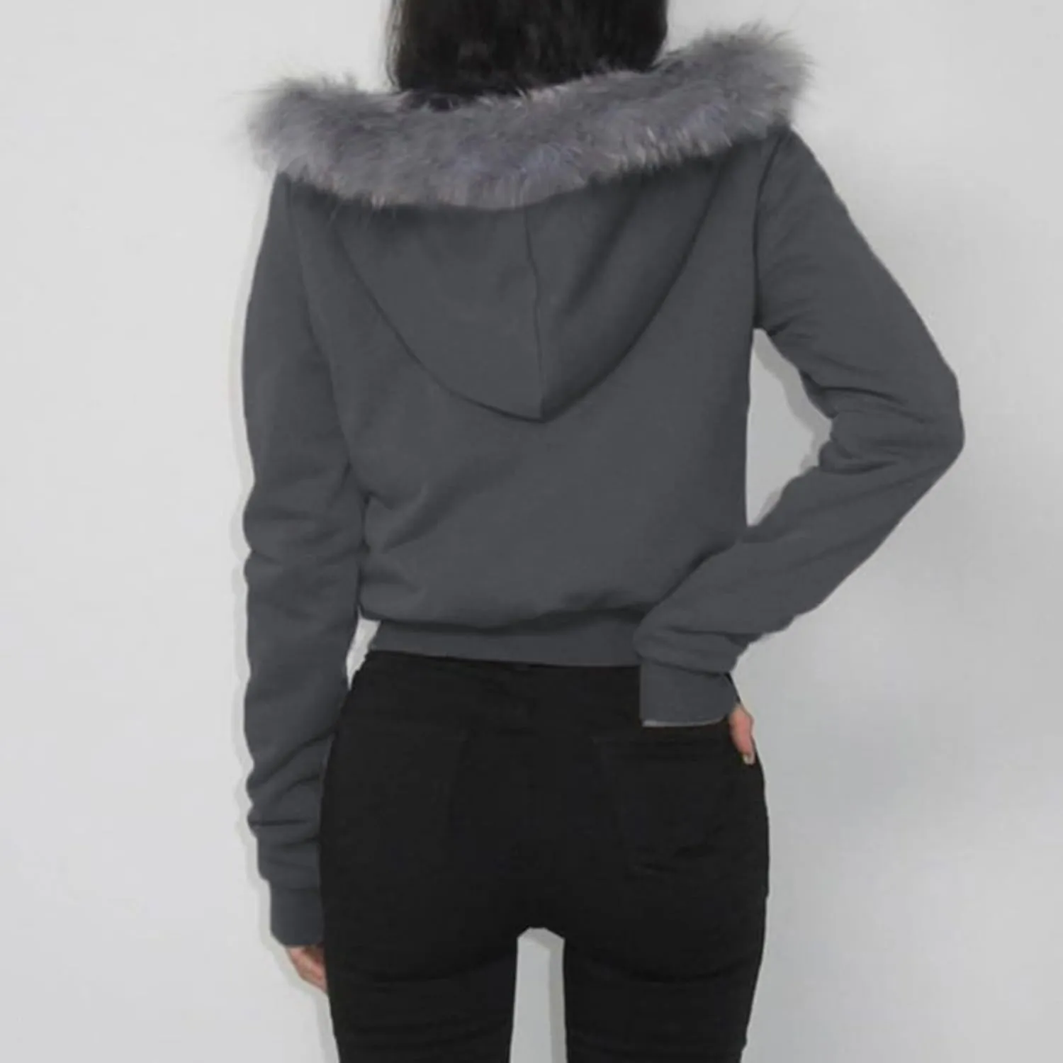 Faux Fur Trim Hoodies for Women, Y2k Long Sleeve Cropped Sweatshirt, Zip Up Jacket with Fur Hood Vintage Outfit