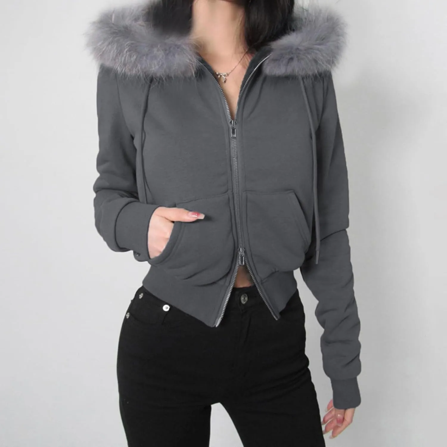 Faux Fur Trim Hoodies for Women, Y2k Long Sleeve Cropped Sweatshirt, Zip Up Jacket with Fur Hood Vintage Outfit