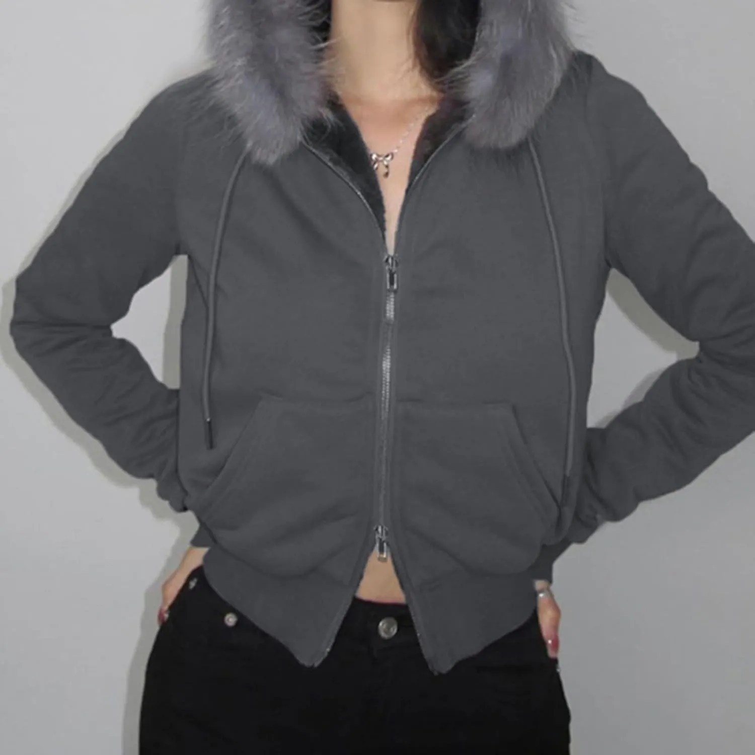 Faux Fur Trim Hoodies for Women, Y2k Long Sleeve Cropped Sweatshirt, Zip Up Jacket with Fur Hood Vintage Outfit
