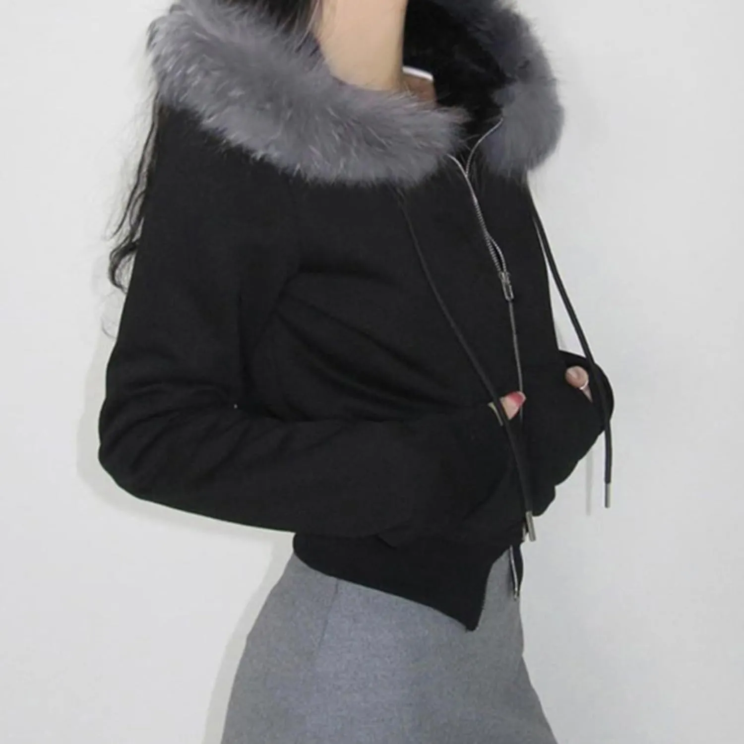 Faux Fur Trim Hoodies for Women, Y2k Long Sleeve Cropped Sweatshirt, Zip Up Jacket with Fur Hood Vintage Outfit