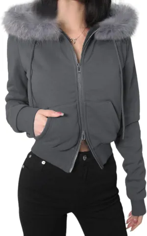 Faux Fur Trim Hoodies for Women, Y2k Long Sleeve Cropped Sweatshirt, Zip Up Jacket with Fur Hood Vintage Outfit