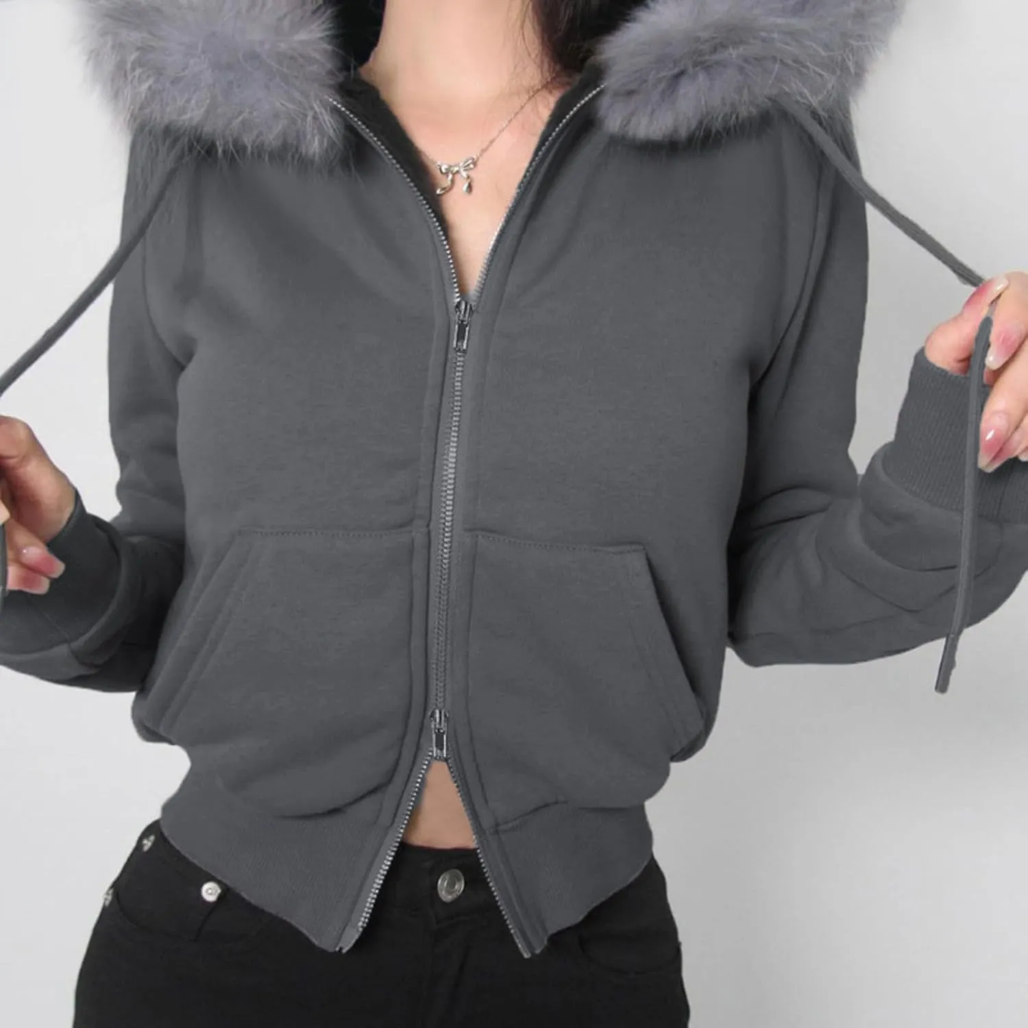 Faux Fur Trim Hoodies for Women, Y2k Long Sleeve Cropped Sweatshirt, Zip Up Jacket with Fur Hood Vintage Outfit