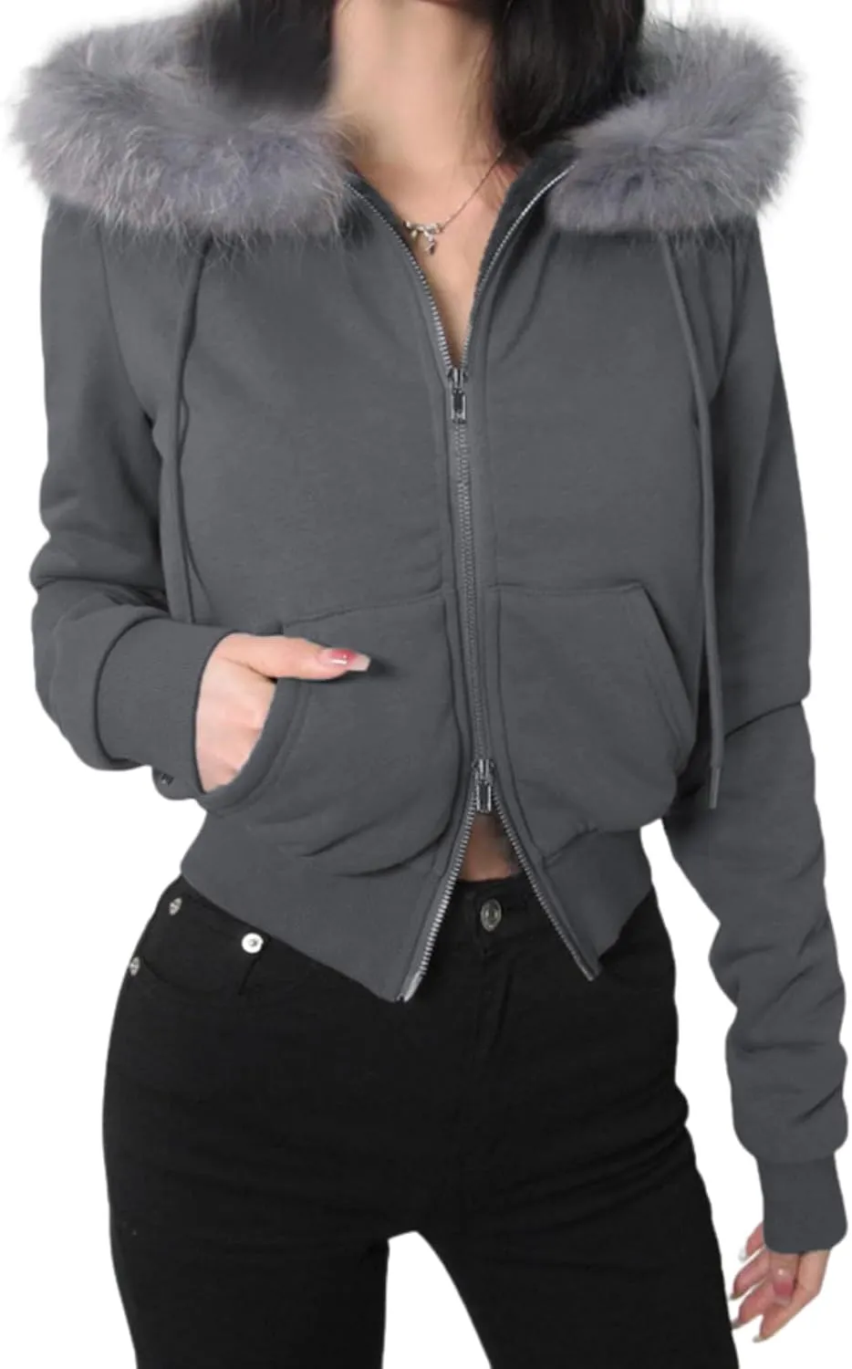 Faux Fur Trim Hoodies for Women, Y2k Long Sleeve Cropped Sweatshirt, Zip Up Jacket with Fur Hood Vintage Outfit