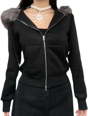 Faux Fur Trim Hoodies for Women, Y2k Long Sleeve Cropped Sweatshirt, Zip Up Jacket with Fur Hood Vintage Outfit