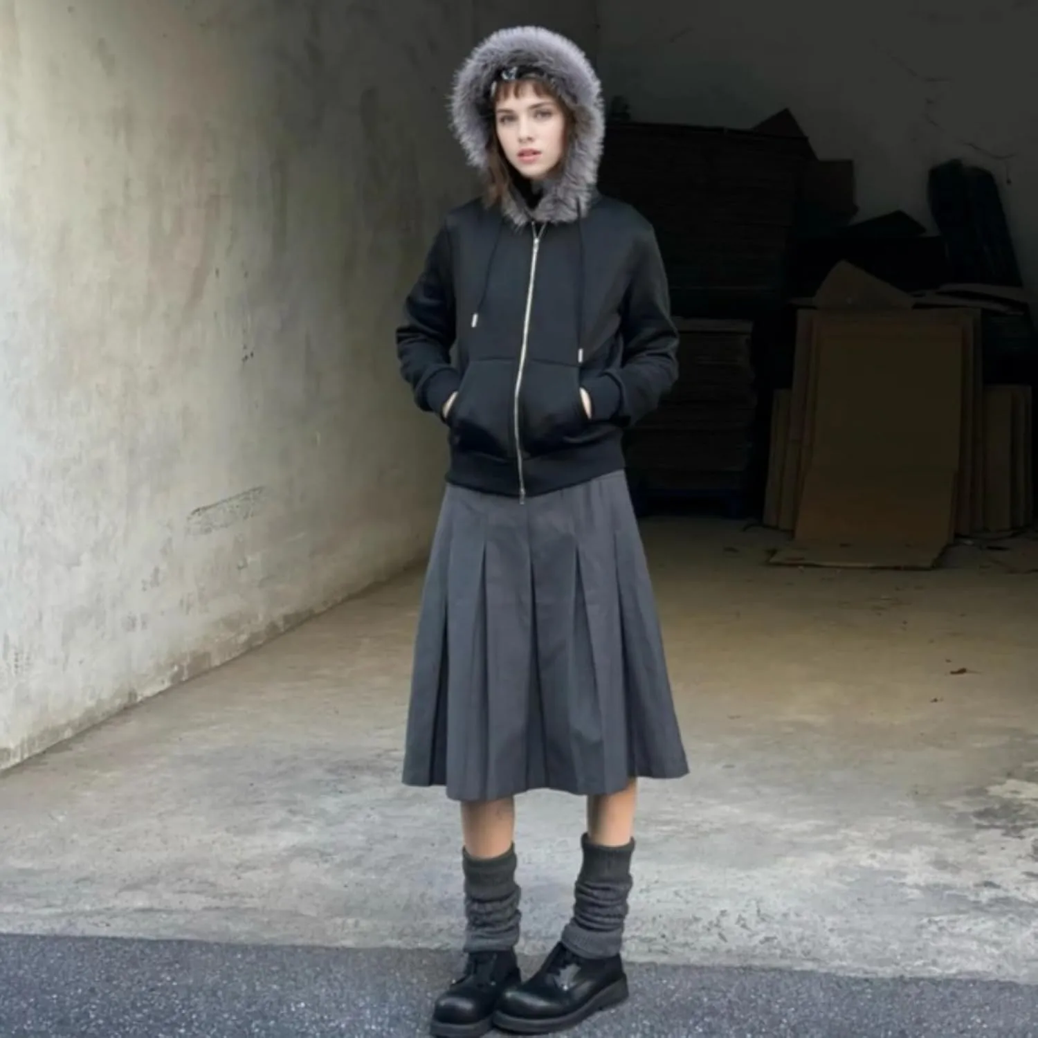 Faux Fur Trim Hoodies for Women, Y2k Long Sleeve Cropped Sweatshirt, Zip Up Jacket with Fur Hood Vintage Outfit