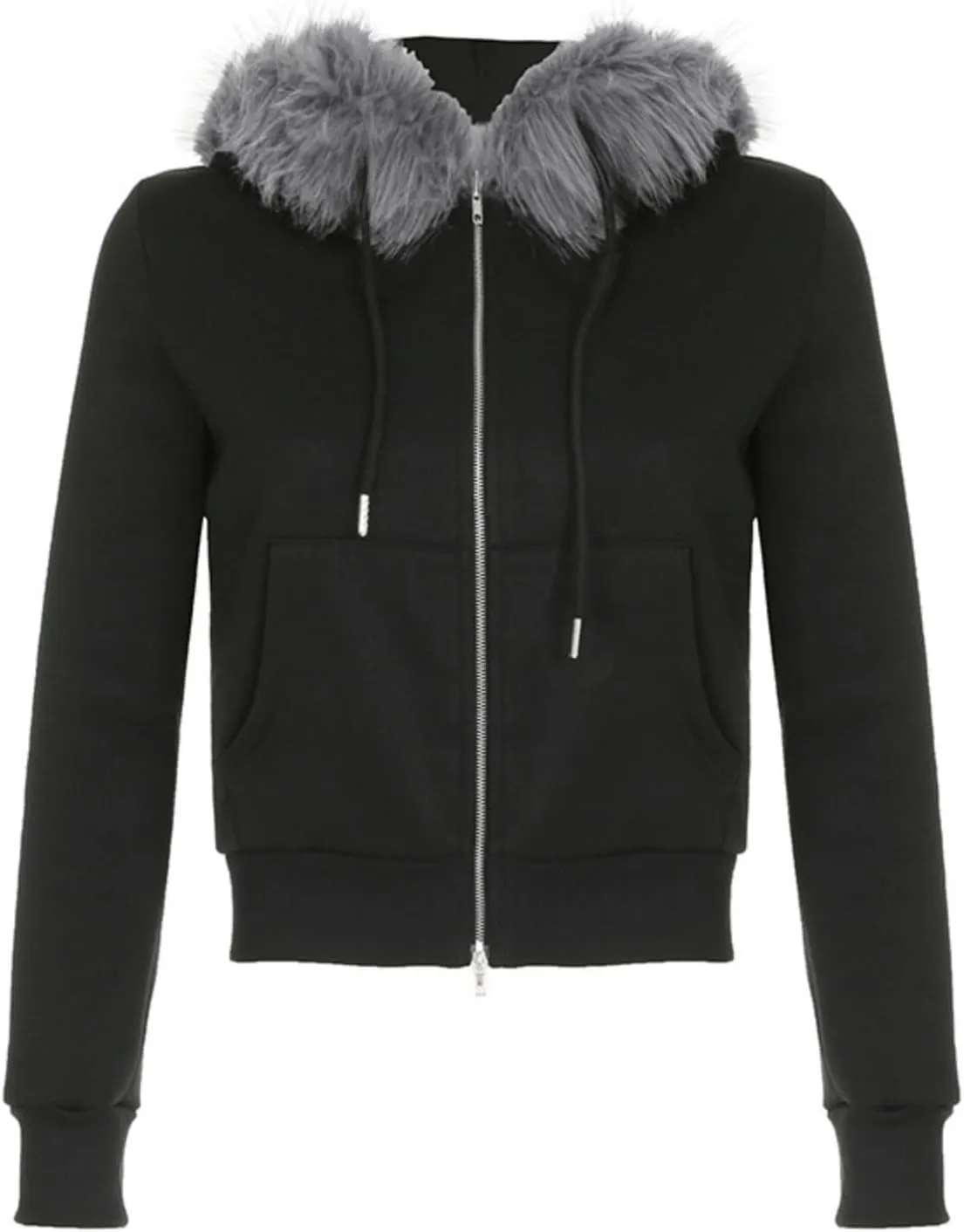Faux Fur Trim Hoodies for Women, Y2k Long Sleeve Cropped Sweatshirt, Zip Up Jacket with Fur Hood Vintage Outfit