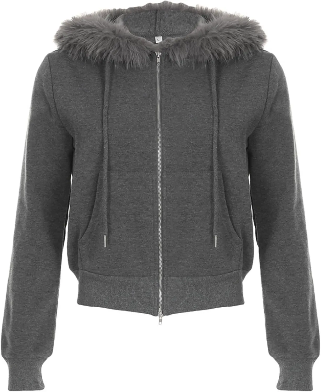 Faux Fur Trim Hoodies for Women, Y2k Long Sleeve Cropped Sweatshirt, Zip Up Jacket with Fur Hood Vintage Outfit