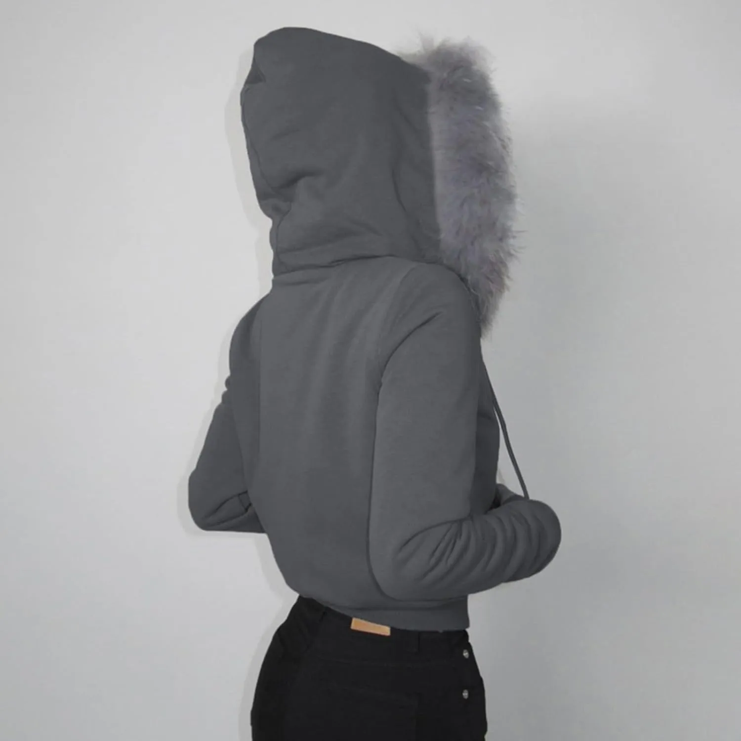 Faux Fur Trim Hoodies for Women, Y2k Long Sleeve Cropped Sweatshirt, Zip Up Jacket with Fur Hood Vintage Outfit