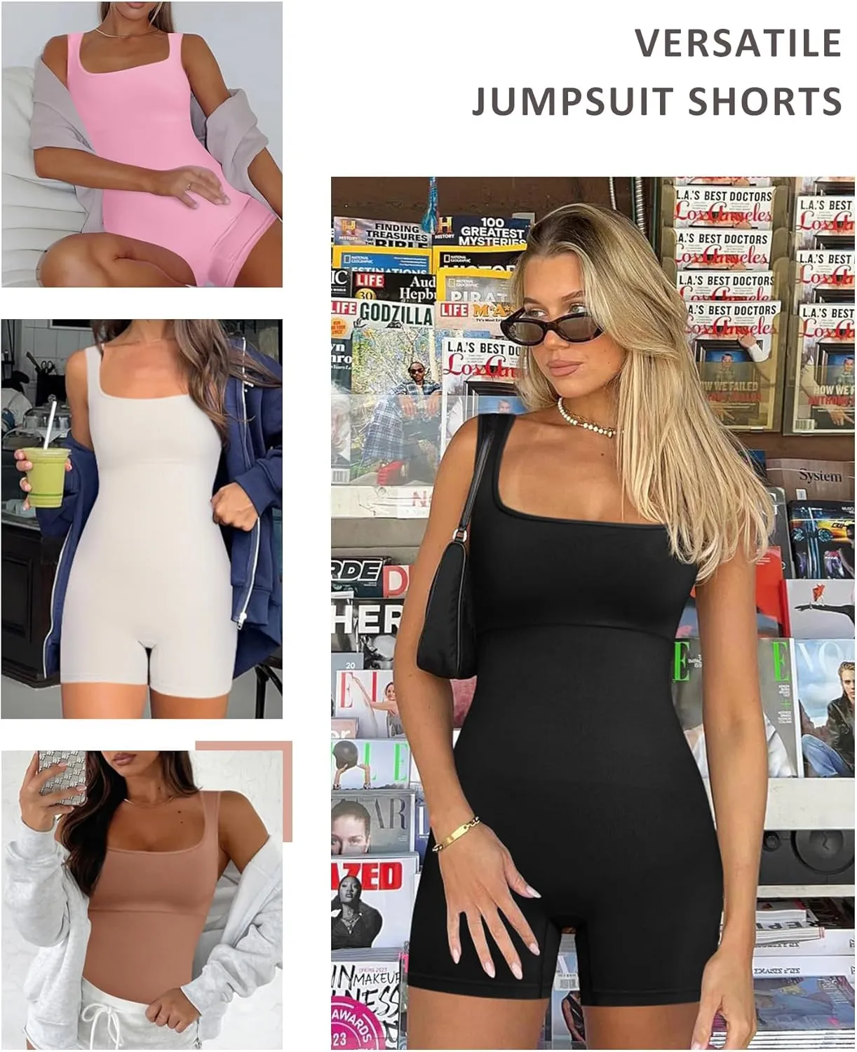 FeelinGirl Womens Strappy Square Neck Tank Top Tummy Control Bodycon Stretch Shorts Jumpsuit Outfit