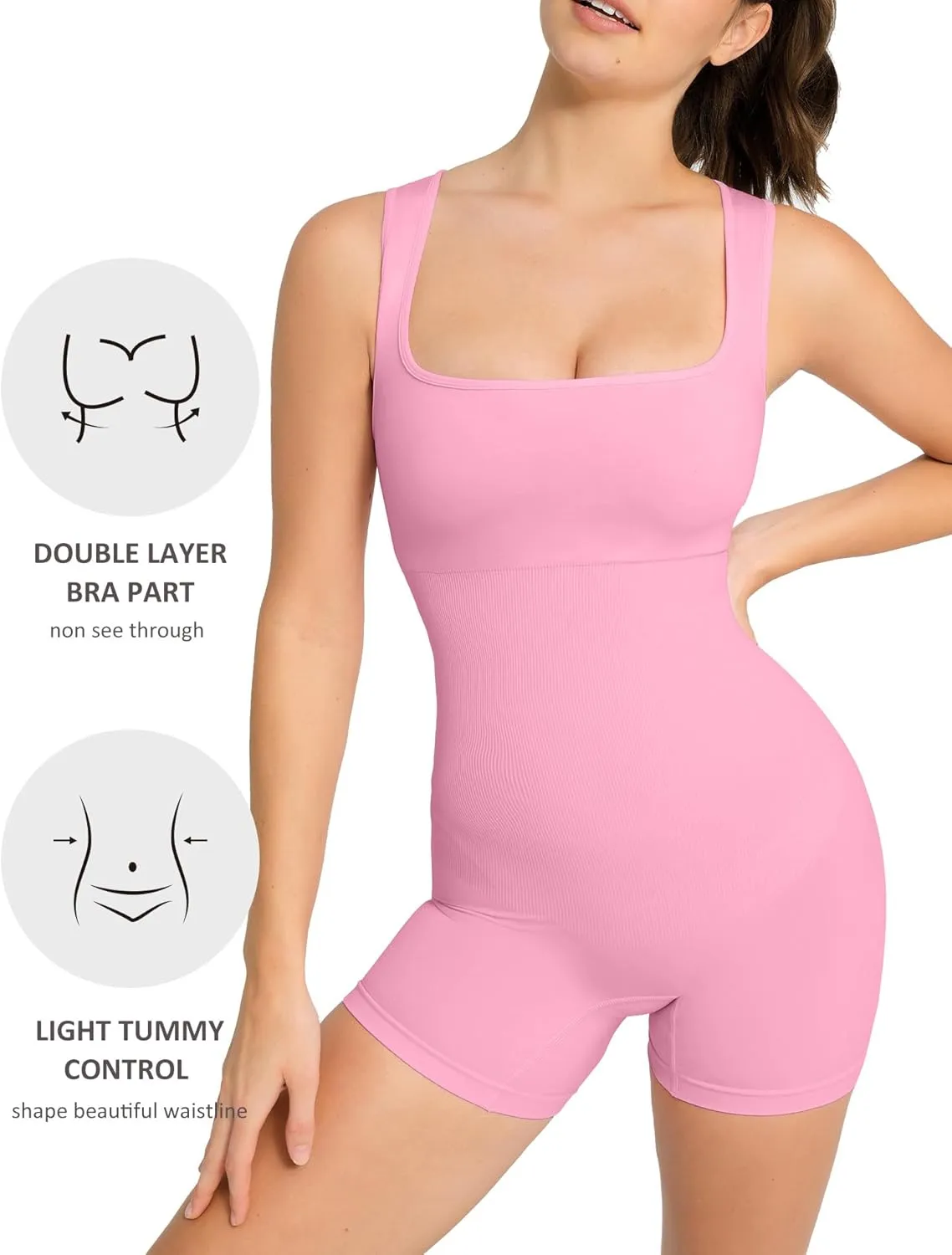 FeelinGirl Womens Strappy Square Neck Tank Top Tummy Control Bodycon Stretch Shorts Jumpsuit Outfit