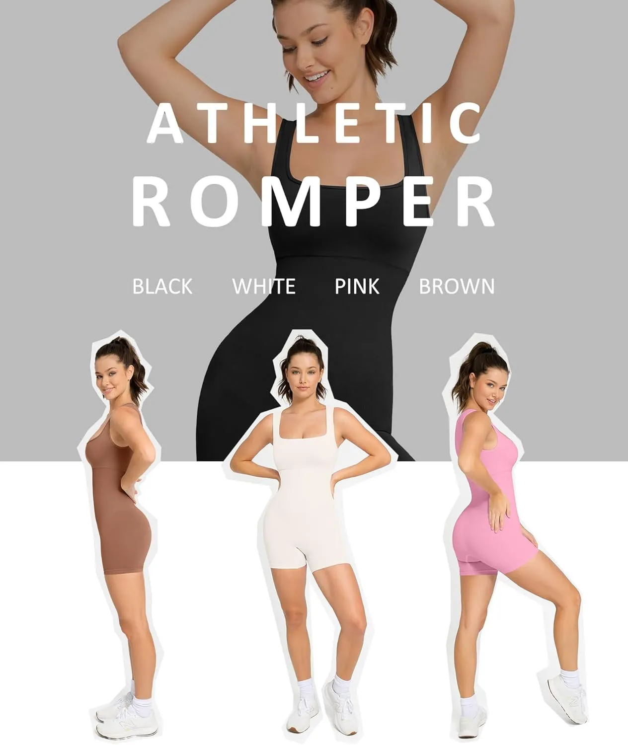 FeelinGirl Womens Strappy Square Neck Tank Top Tummy Control Bodycon Stretch Shorts Jumpsuit Outfit
