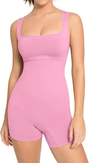 FeelinGirl Womens Strappy Square Neck Tank Top Tummy Control Bodycon Stretch Shorts Jumpsuit Outfit