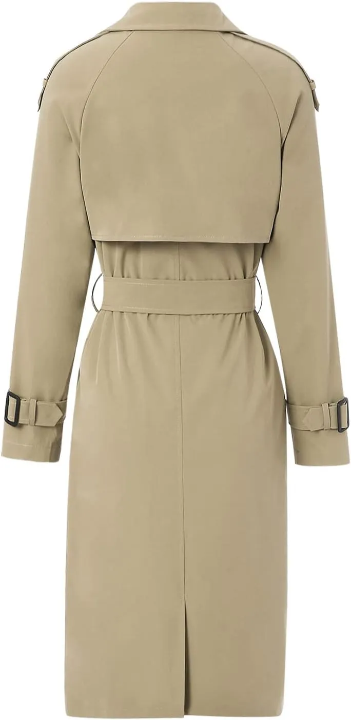 FEORJGP Women Casual Long Trench Coat Jacket Lapel Double Breasted Slim Coat Long Sleeve Overcoat with Belt Windproof Outwear