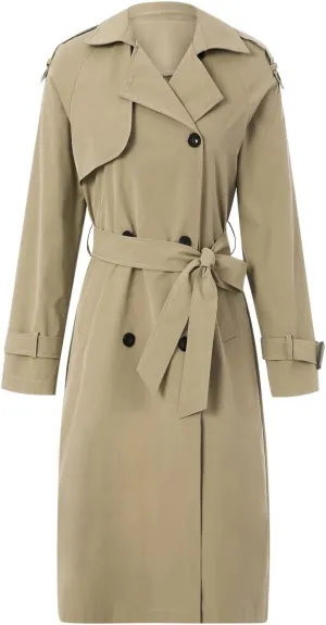 FEORJGP Women Casual Long Trench Coat Jacket Lapel Double Breasted Slim Coat Long Sleeve Overcoat with Belt Windproof Outwear