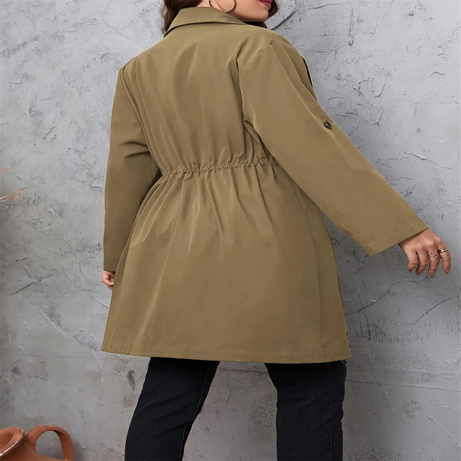 FEORJGP Womens Plus Size Long Trench Coat Jacket Lapel Double Breasted Coat Long Sleeve Overcoat with Belt Windproof Outwear