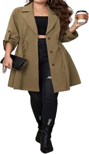 FEORJGP Womens Plus Size Long Trench Coat Jacket Lapel Double Breasted Coat Long Sleeve Overcoat with Belt Windproof Outwear