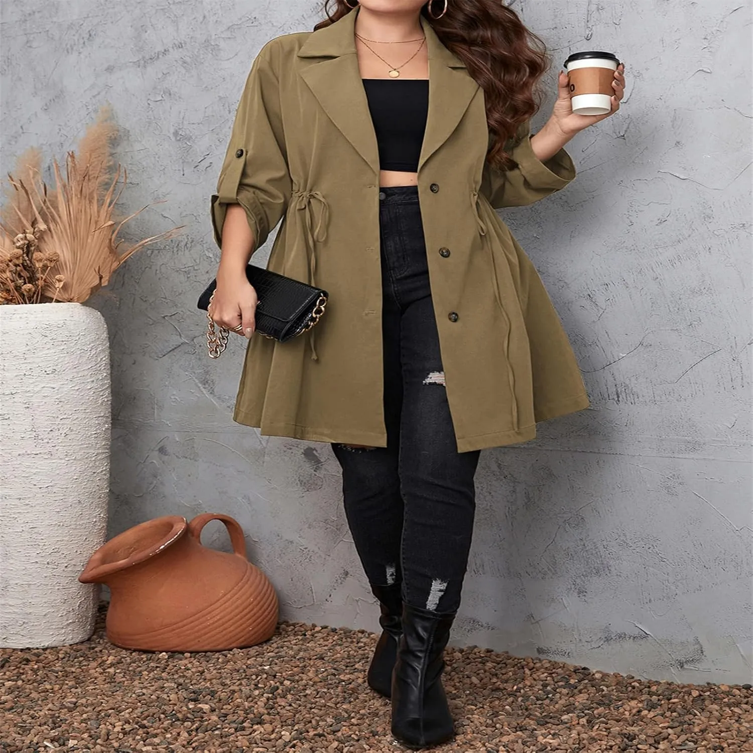 FEORJGP Womens Plus Size Long Trench Coat Jacket Lapel Double Breasted Coat Long Sleeve Overcoat with Belt Windproof Outwear