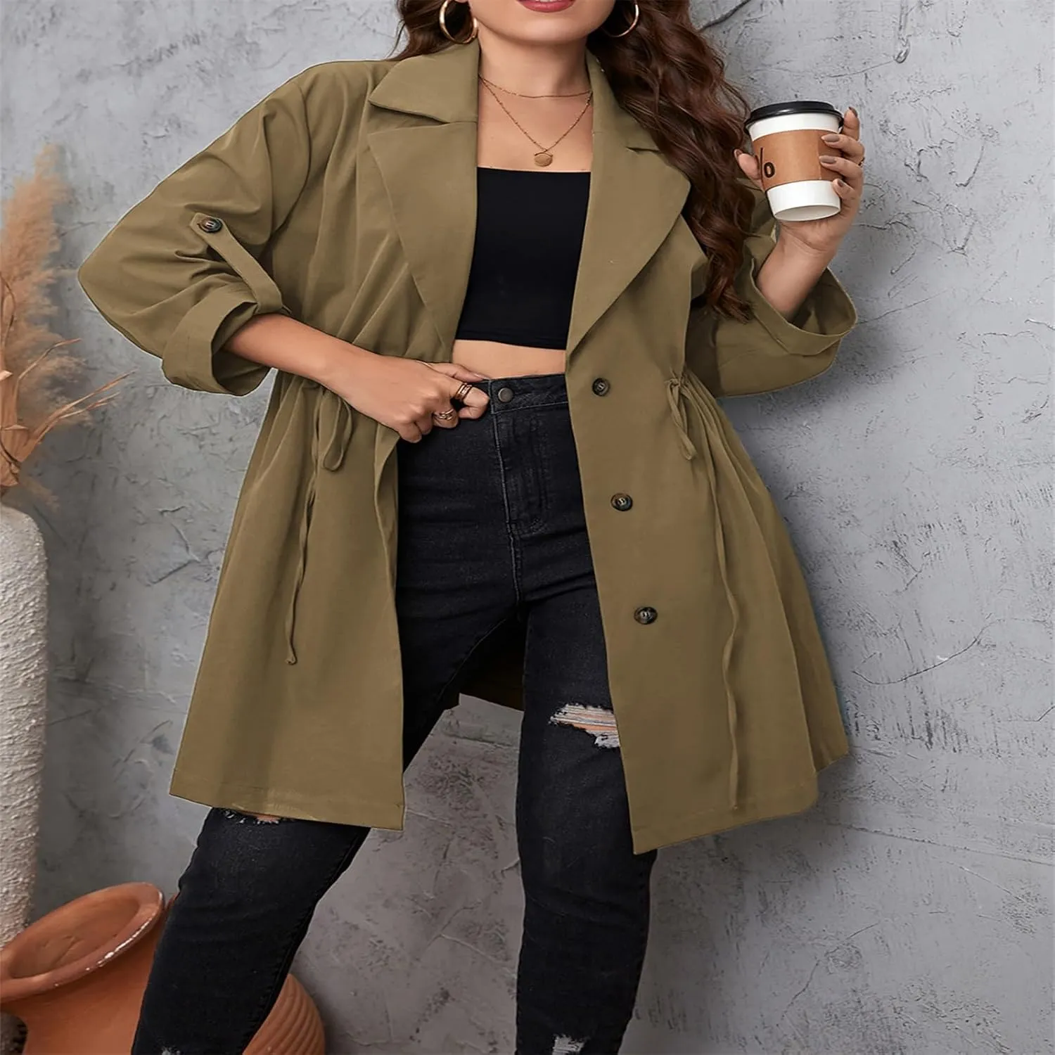 FEORJGP Womens Plus Size Long Trench Coat Jacket Lapel Double Breasted Coat Long Sleeve Overcoat with Belt Windproof Outwear