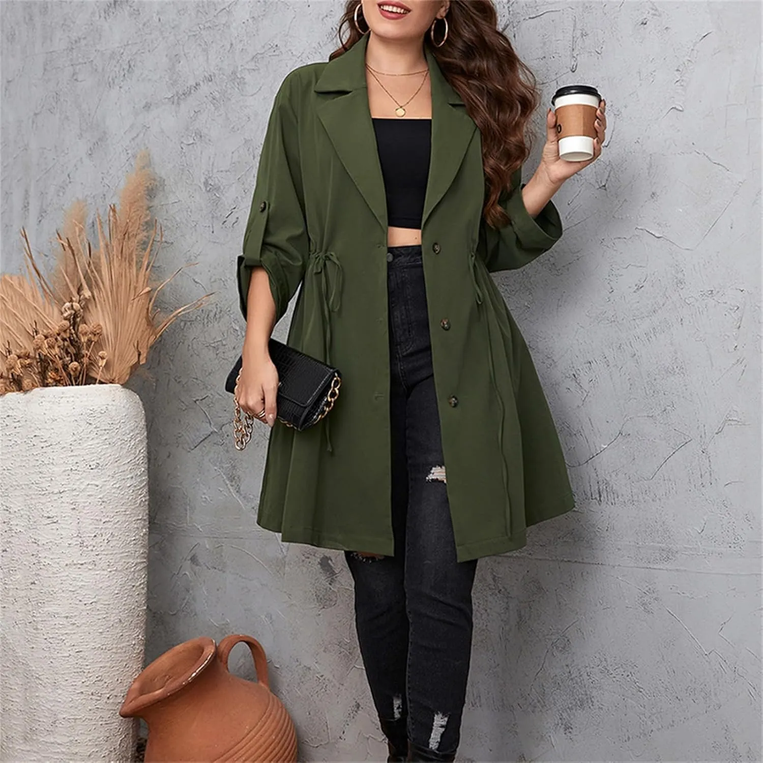 FEORJGP Womens Plus Size Long Trench Coat Jacket Lapel Double Breasted Coat Long Sleeve Overcoat with Belt Windproof Outwear