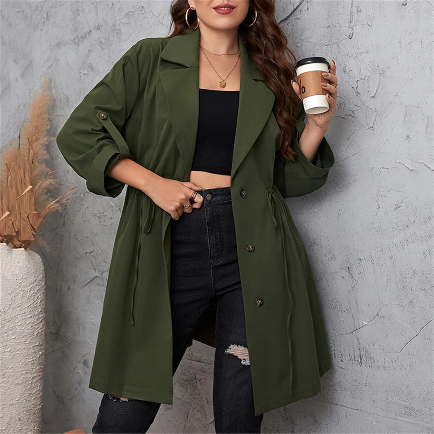FEORJGP Womens Plus Size Long Trench Coat Jacket Lapel Double Breasted Coat Long Sleeve Overcoat with Belt Windproof Outwear