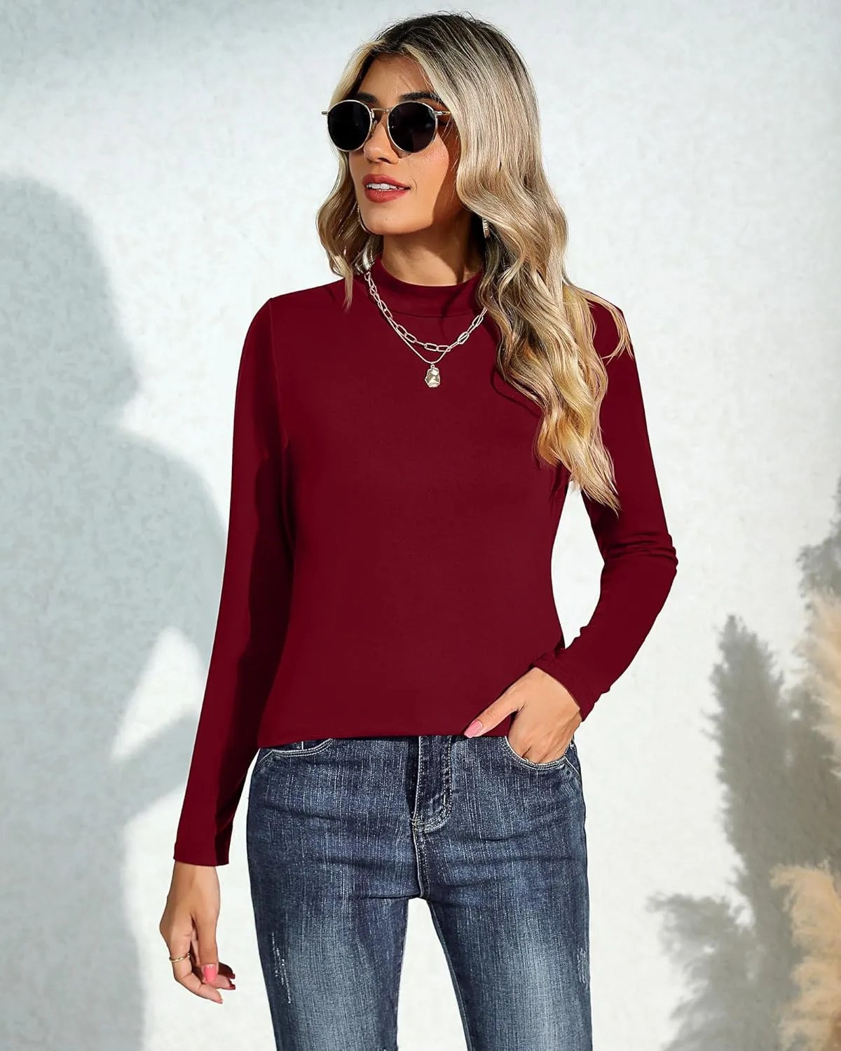 Ficerd 3 Pack Women's Mock Turtleneck Shirts, Long Sleeve Mock Neck Pullover Tops Slim Fitted Stretch Undershirt Tee Blouse