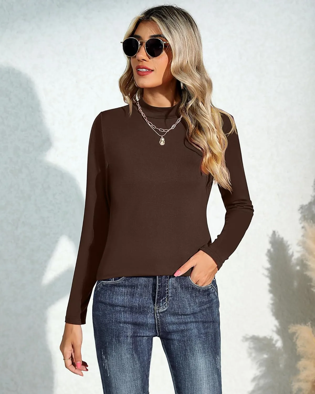 Ficerd 3 Pack Women's Mock Turtleneck Shirts, Long Sleeve Mock Neck Pullover Tops Slim Fitted Stretch Undershirt Tee Blouse