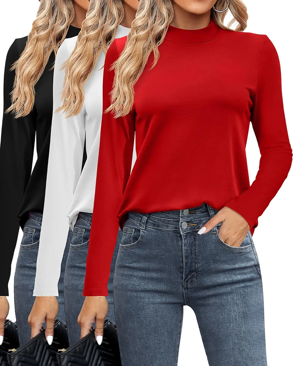 Ficerd 3 Pack Women's Mock Turtleneck Shirts, Long Sleeve Mock Neck Pullover Tops Slim Fitted Stretch Undershirt Tee Blouse