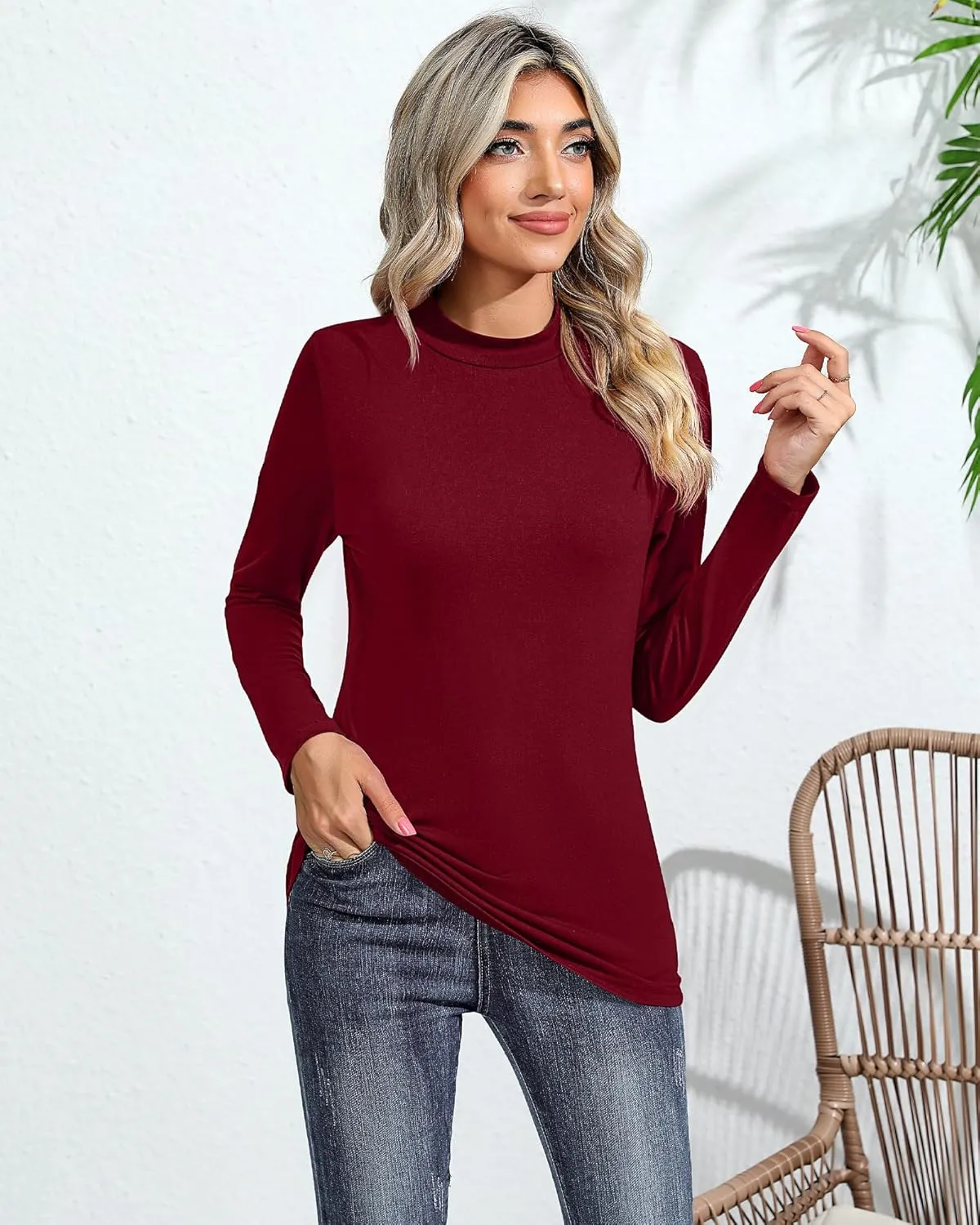 Ficerd 3 Pack Women's Mock Turtleneck Shirts, Long Sleeve Mock Neck Pullover Tops Slim Fitted Stretch Undershirt Tee Blouse