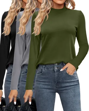 Ficerd 3 Pack Women's Mock Turtleneck Shirts, Long Sleeve Mock Neck Pullover Tops Slim Fitted Stretch Undershirt Tee Blouse