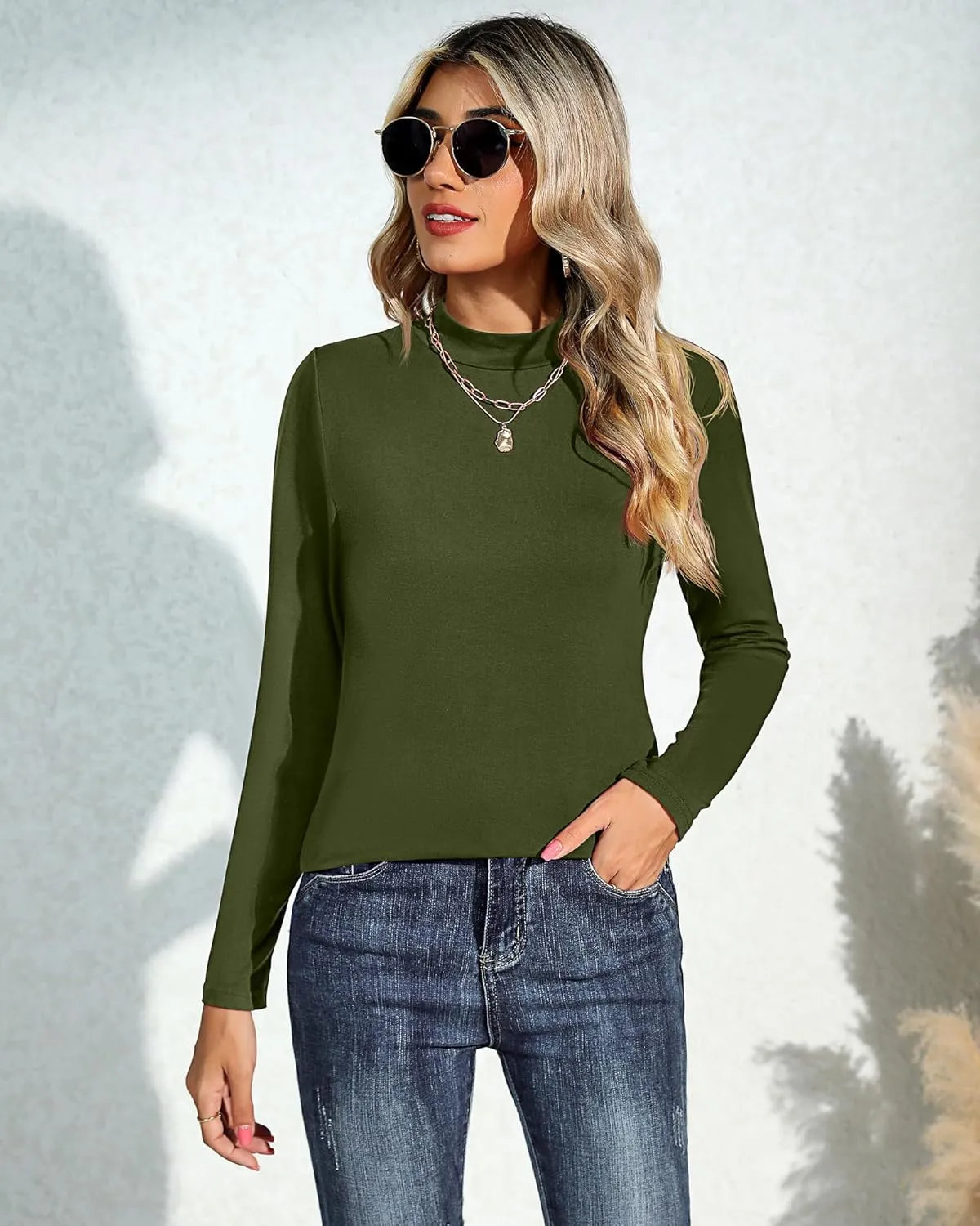 Ficerd 3 Pack Women's Mock Turtleneck Shirts, Long Sleeve Mock Neck Pullover Tops Slim Fitted Stretch Undershirt Tee Blouse