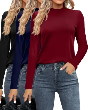 Ficerd 3 Pack Women's Mock Turtleneck Shirts, Long Sleeve Mock Neck Pullover Tops Slim Fitted Stretch Undershirt Tee Blouse