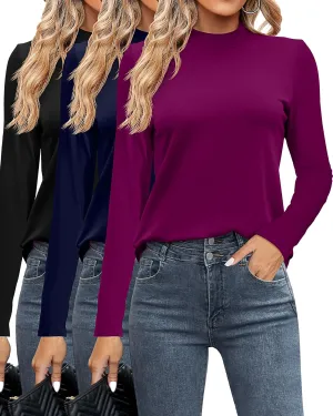 Ficerd 3 Pack Women's Mock Turtleneck Shirts, Long Sleeve Mock Neck Pullover Tops Slim Fitted Stretch Undershirt Tee Blouse