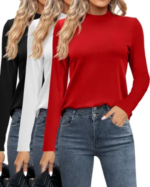 Ficerd 3 Pack Women's Mock Turtleneck Shirts, Long Sleeve Mock Neck Pullover Tops Slim Fitted Stretch Undershirt Tee Blouse