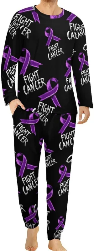 Fight Cancer Purple Ribbon Mens Pajamas Set Comfort Long Sleeve Sleepwear Top & Pants 2 PCS Loungewear