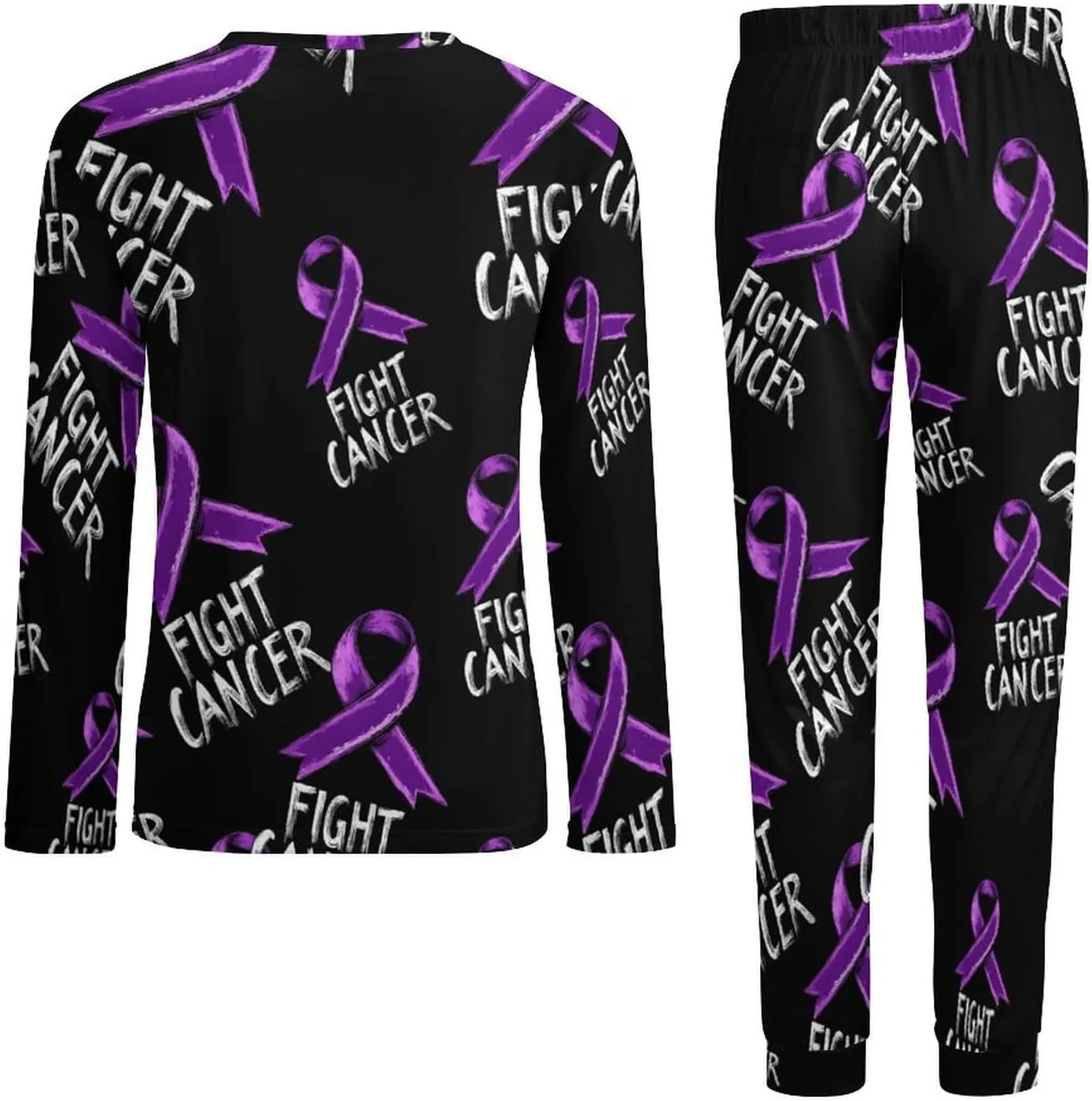 Fight Cancer Purple Ribbon Mens Pajamas Set Comfort Long Sleeve Sleepwear Top & Pants 2 PCS Loungewear