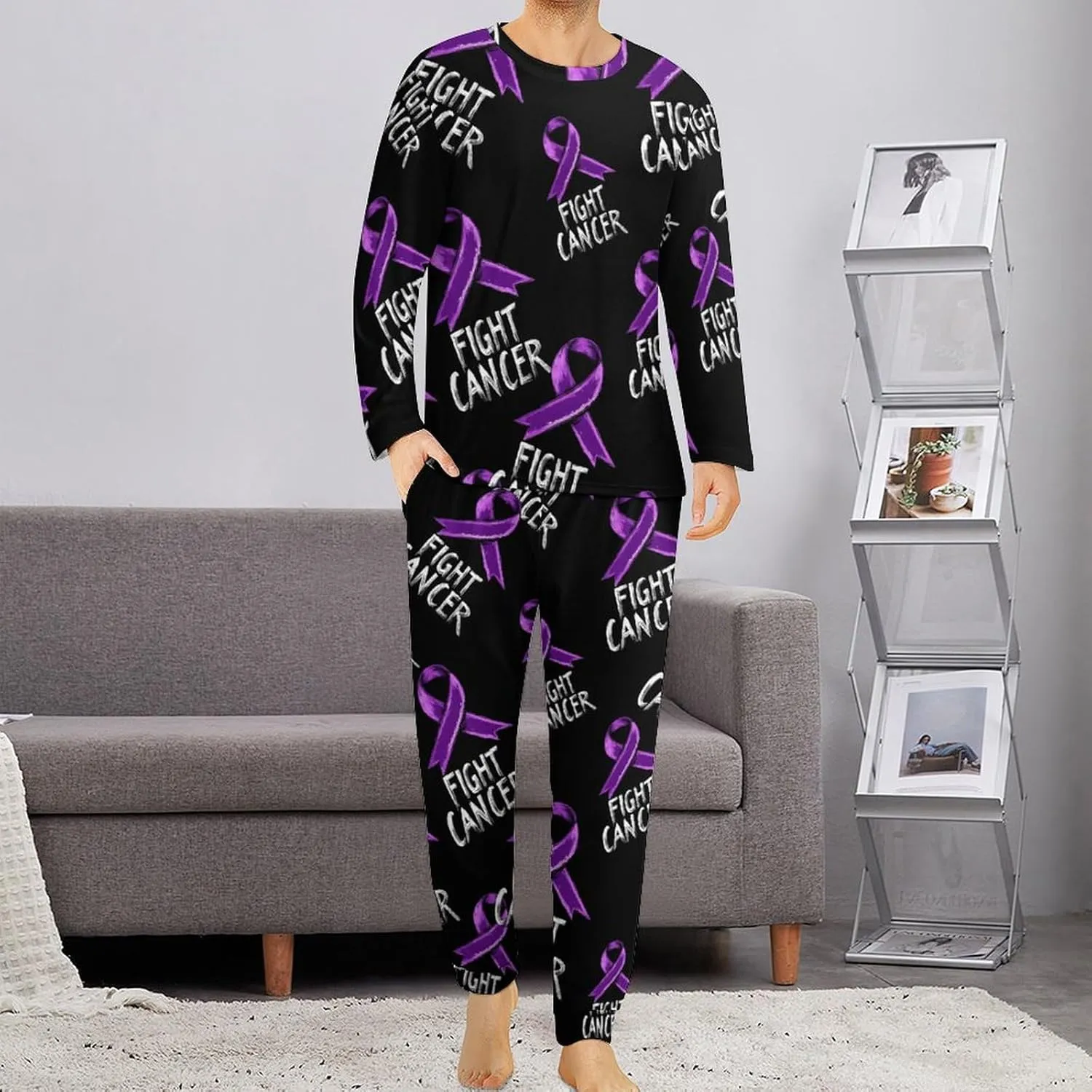 Fight Cancer Purple Ribbon Mens Pajamas Set Comfort Long Sleeve Sleepwear Top & Pants 2 PCS Loungewear