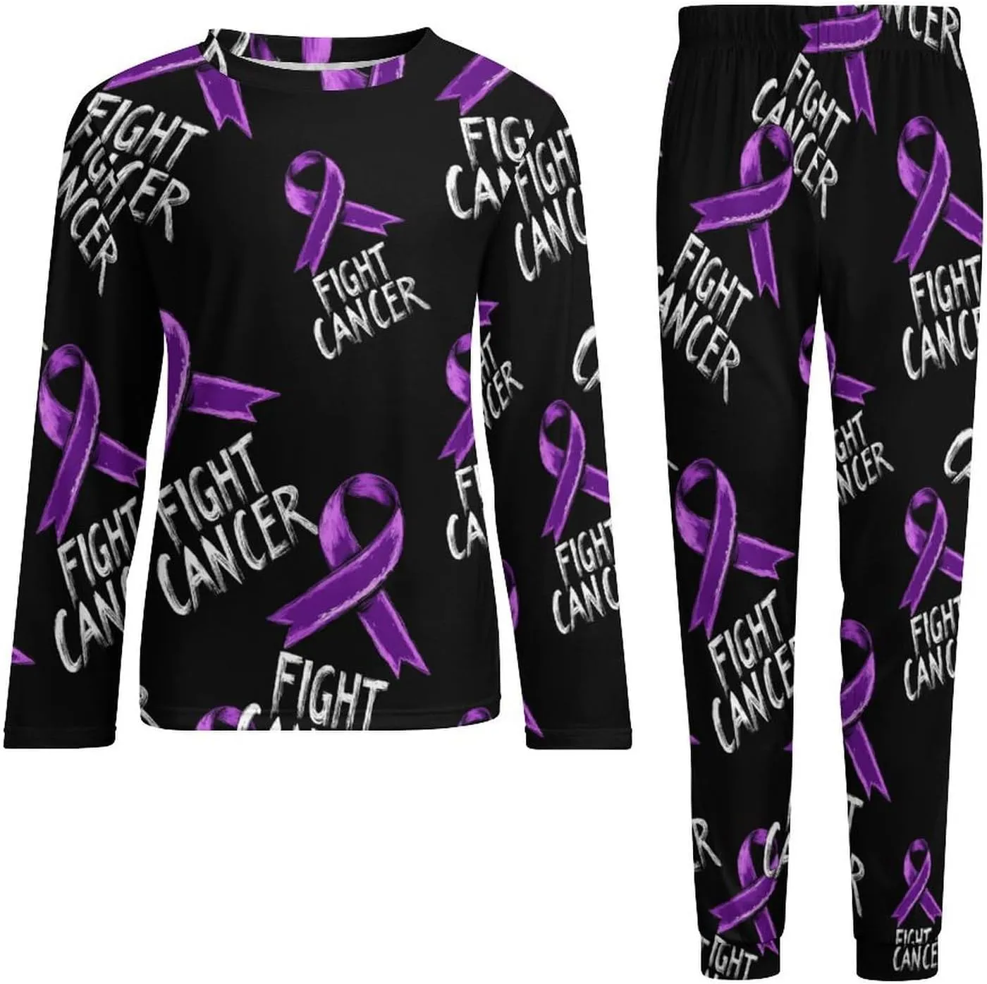 Fight Cancer Purple Ribbon Mens Pajamas Set Comfort Long Sleeve Sleepwear Top & Pants 2 PCS Loungewear