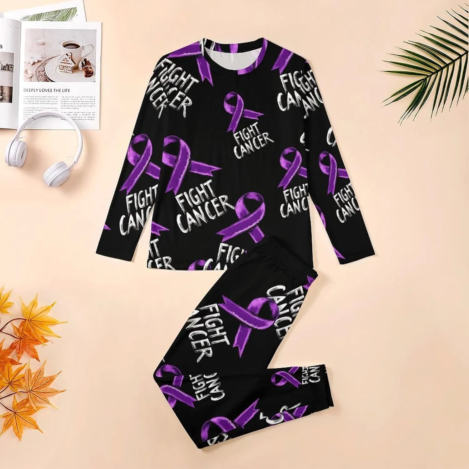 Fight Cancer Purple Ribbon Mens Pajamas Set Comfort Long Sleeve Sleepwear Top & Pants 2 PCS Loungewear