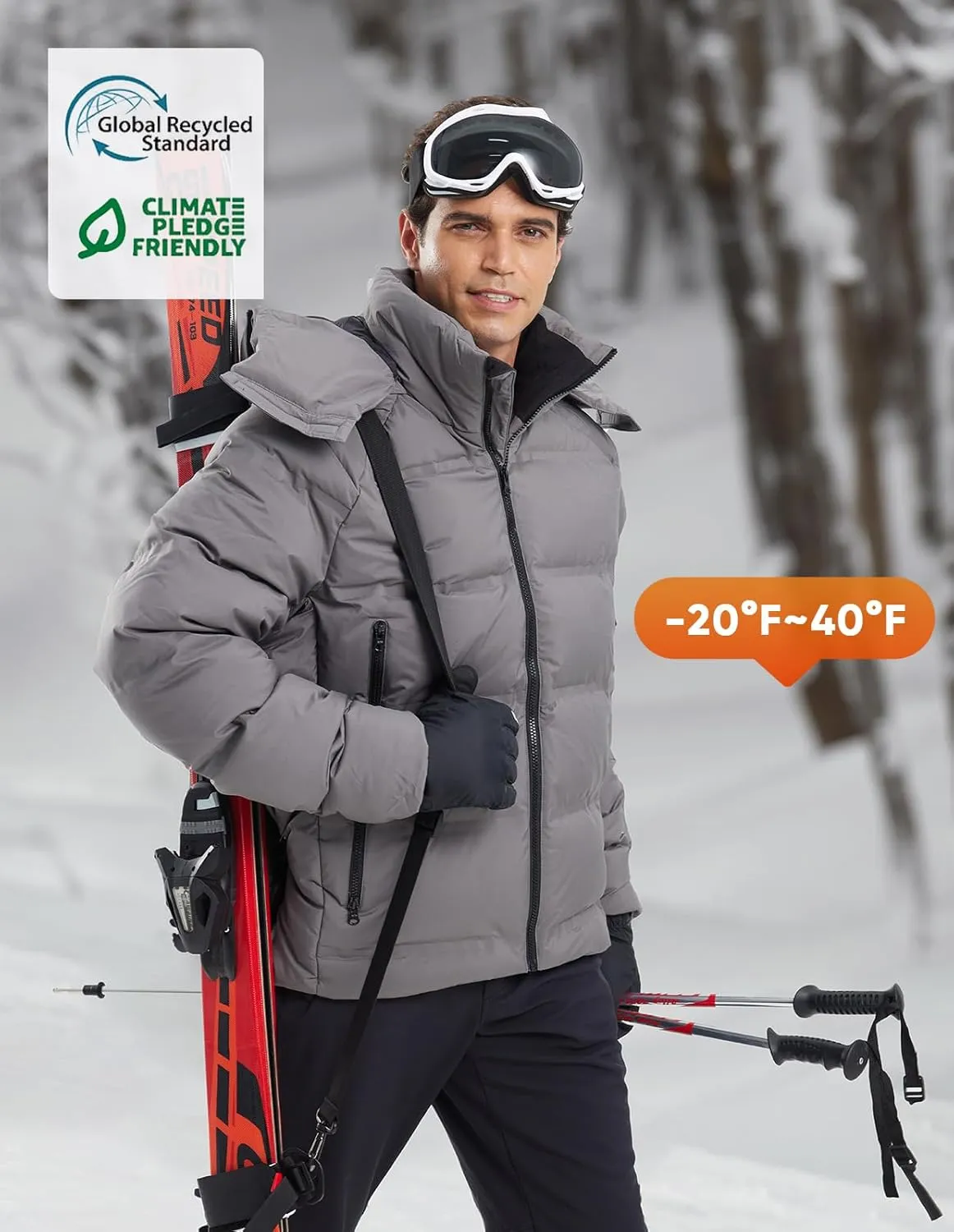 fit space Men's Thickened Down Jacket Super Warm Winter Puffer Jacket Snow Coat with Detachable Hood Waterproof Windproof