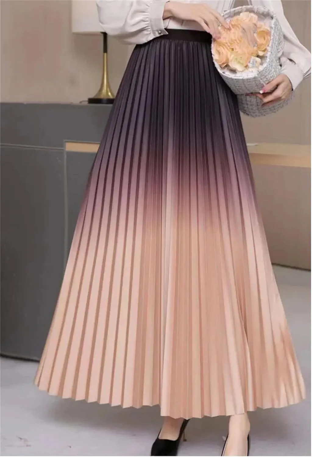 Floor Length Summer Pleated Skirt Women's Ombre Maxi Skirt Casual Elegant Wear