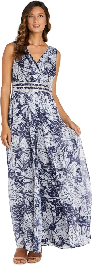 Floral Chiffon Maxi Dress W/Rhinestone Waistband