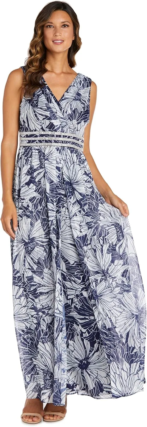 Floral Chiffon Maxi Dress W/Rhinestone Waistband