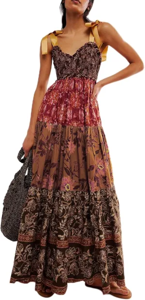 Floral Maxi Dresses for Women Sleeveless Tie Shoulder Smocked Flowy Boho Long Dress Y2k Summer Vacation Sundress