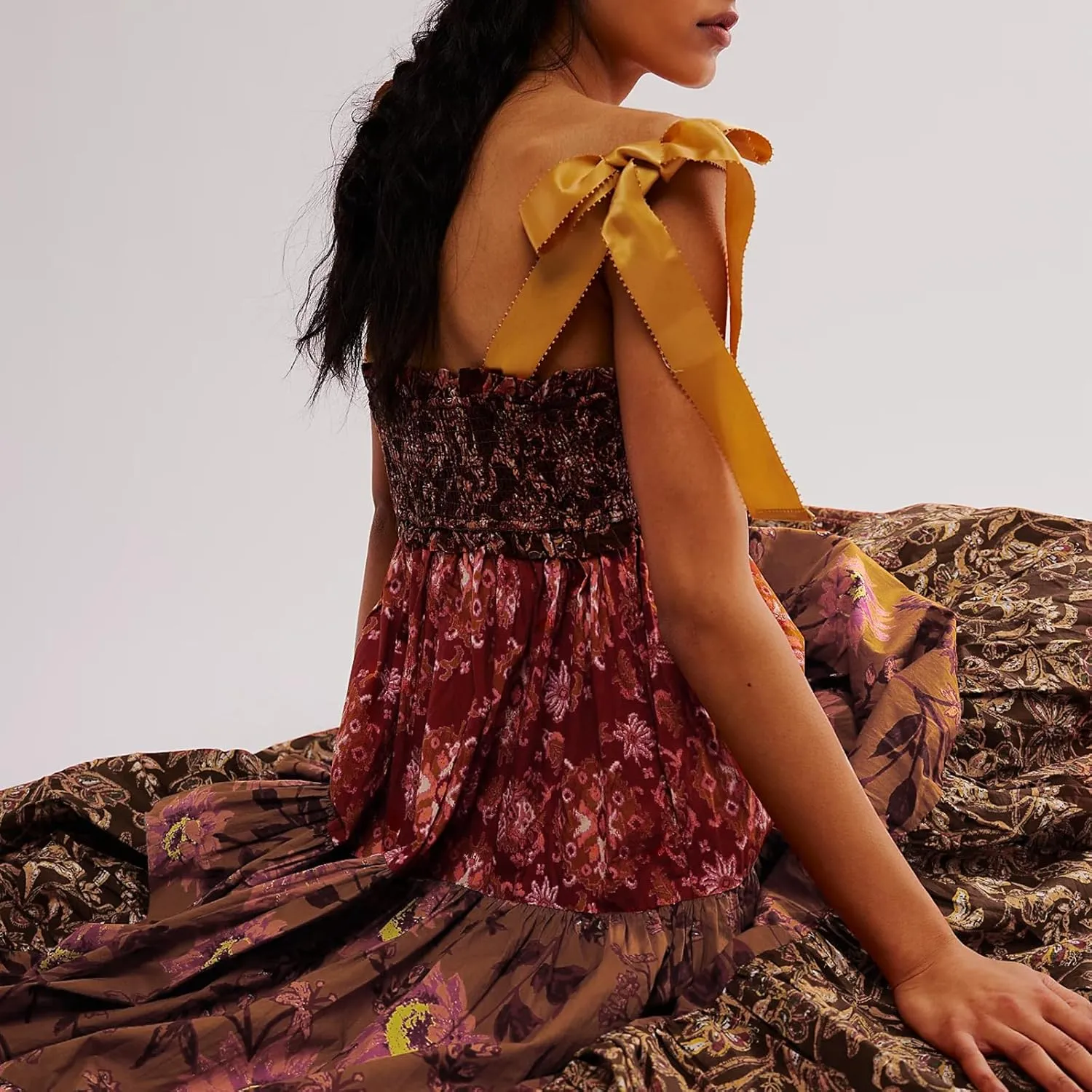 Floral Maxi Dresses for Women Sleeveless Tie Shoulder Smocked Flowy Boho Long Dress Y2k Summer Vacation Sundress