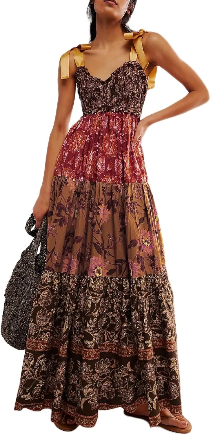 Floral Maxi Dresses for Women Sleeveless Tie Shoulder Smocked Flowy Boho Long Dress Y2k Summer Vacation Sundress