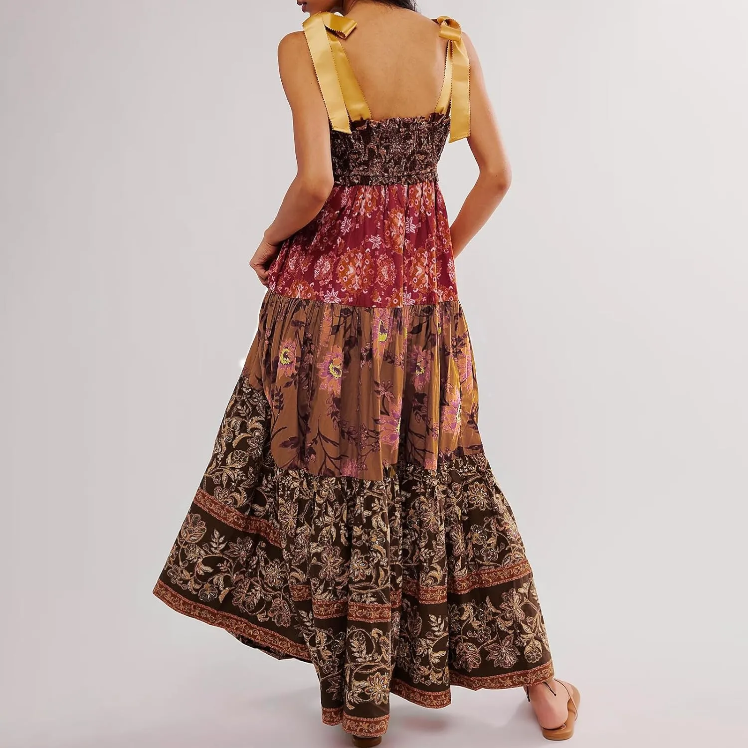 Floral Maxi Dresses for Women Sleeveless Tie Shoulder Smocked Flowy Boho Long Dress Y2k Summer Vacation Sundress